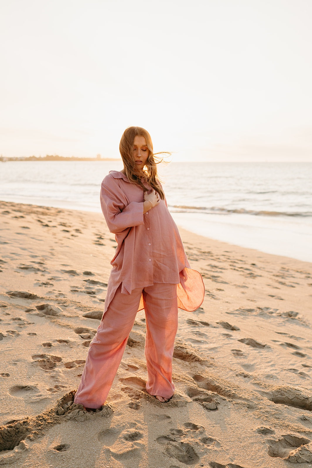 Athena Linen Pants in Old Rose - Product Image