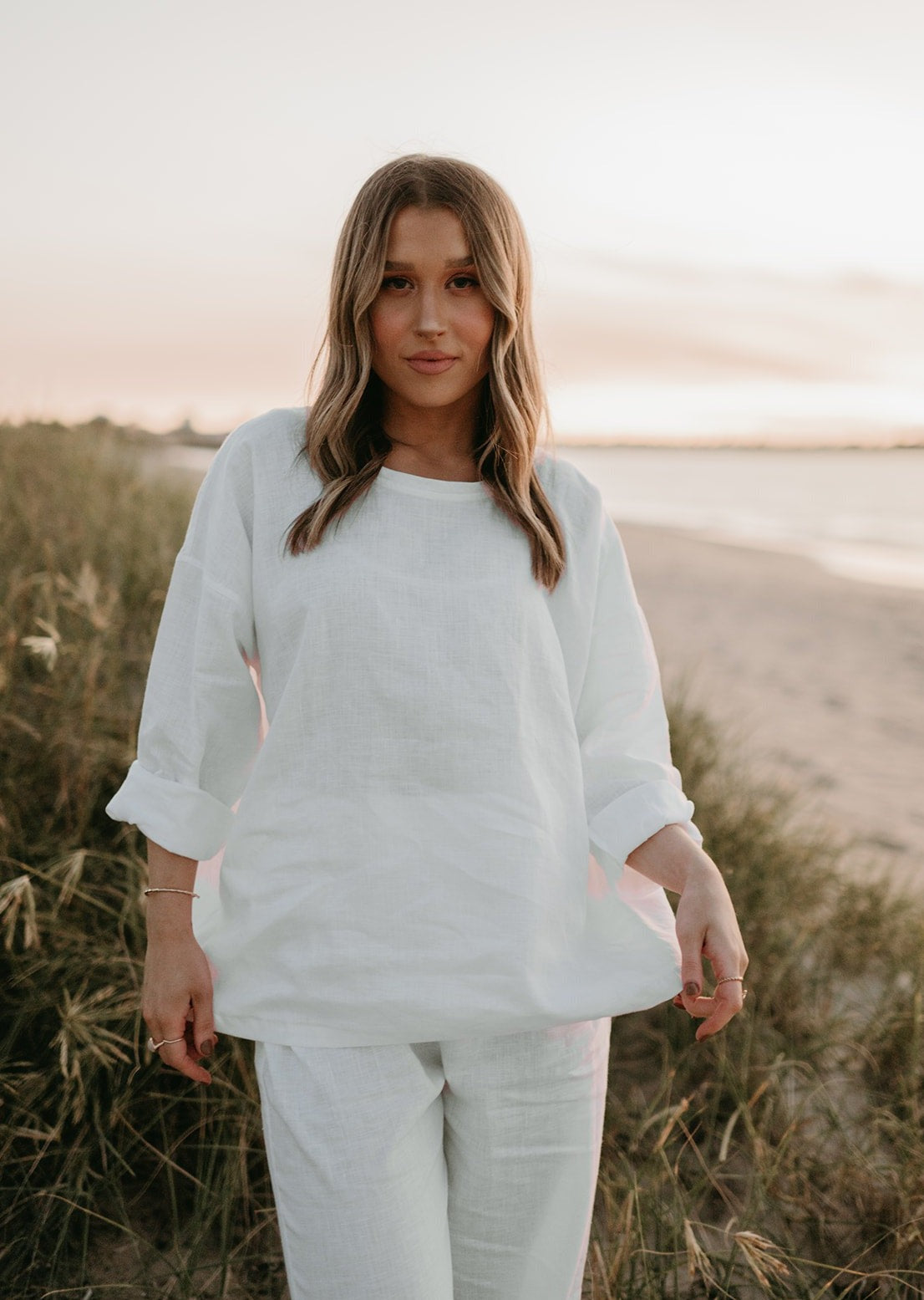 Allegra Linen Top in Dove White - Product Image